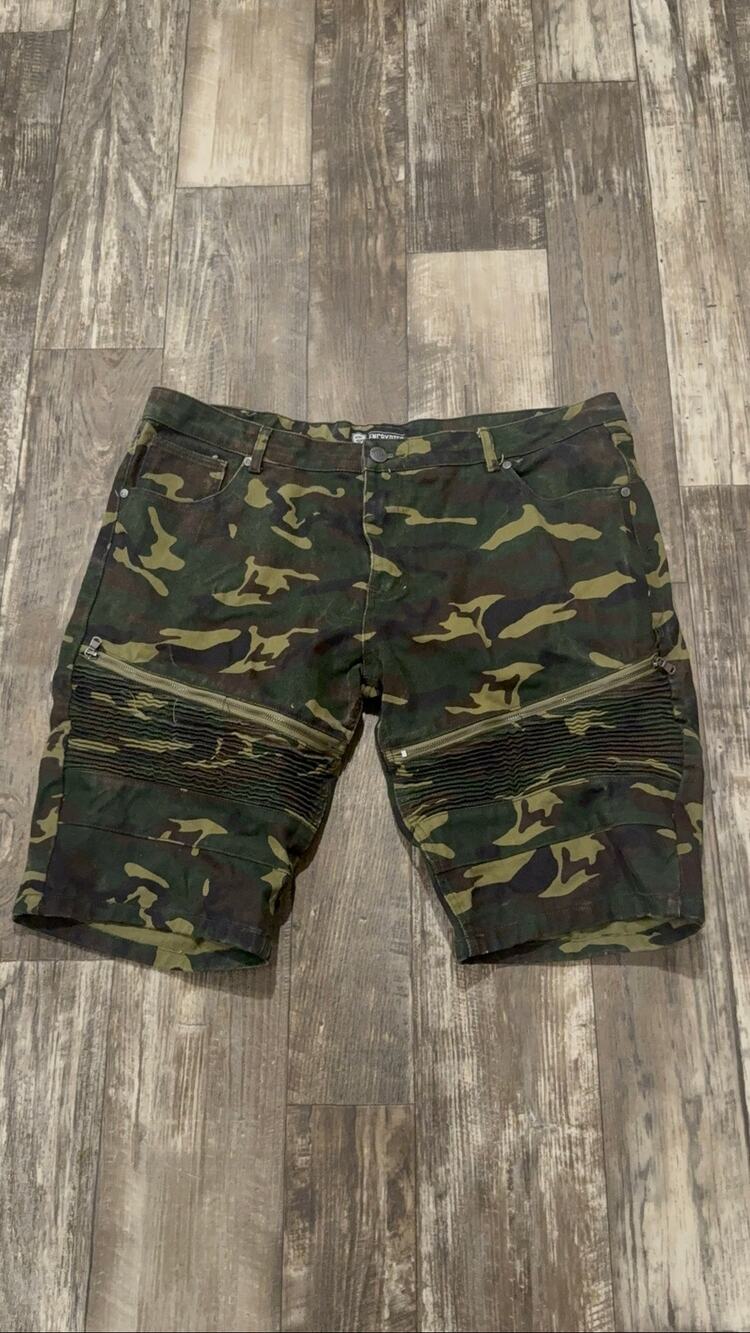 Encrypted Supply Co Camo Moto Biker Shorts Men’s 42 Ribbed Zip Y2K Streetwear